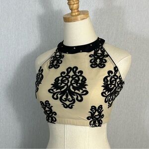 Tenth House Elegant Black and Cream Sequin Embroidered Crop Dance Top High Neck